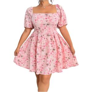 image:imageFloerns Womens Plus Size Floral Puff Sleeve Mini Dress Square Neck A Line Wedding Guest DressesPink