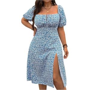 image:imageFloerns Womens Plus Size Floral Slit A Line Midi Dress Tie Front Square Neck Puff Sleeve DressesBlue and White