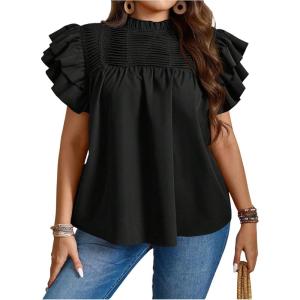 image:imageFloerns Womens Plus Size Frill Trim Mock Neck Blouse Summer Tiered Ruffle Short Sleeve Casual ShirtsBlack
