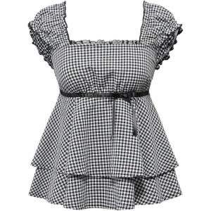 image:imageFloerns Womens Plus Size Gingham Cute Babydoll Tops Bow Square Neck Layered Y2k BlousesBlack