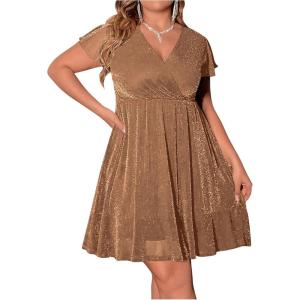 image:imageFloerns Womens Plus Size Glitter Wrap V Neck Short Sleeve Party A Line DressPlain Khaki