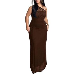 image:imageFloerns Womens Plus Size Graduation Dress One Shoulder Mesh Sleeveless Prom Maxi DressesBrown
