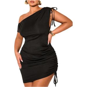 image:imageFloerns Womens Plus Size Off The Shoulder Short Dress Drawstring Ruched Side Formal Party Bodycon Mini DressesBlack