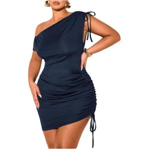 image:imageFloerns Womens Plus Size Off The Shoulder Short Dress Drawstring Ruched Side Formal Party Bodycon Mini DressesDark Blue