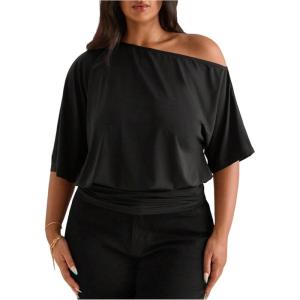 image:imageFloerns Womens Plus Size Off The Shoulder Tops Dolman Sleeve Ruched Dressy Casual T ShirtsBlack