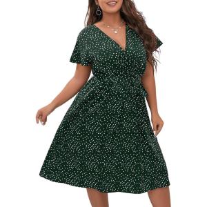 image:imageFloerns Womens Plus Size Polka Dots Wrap V Neck Short Sleeve A Line Midi DressA Green