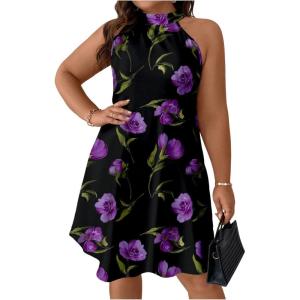 image:imageFloerns Womens Plus Size Printed Tie Back Halter Dress A Line Knee Length Tunic DressesBlack