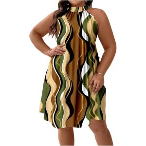 image:imageFloerns Womens Plus Size Printed Tie Back Halter Dress A Line Knee Length Tunic DressesGreen