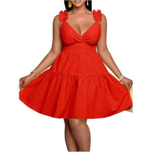 image:imageFloerns Womens Plus Size Ruffle Straps V Neck Smocked Dress Tiered A Line DressesRed