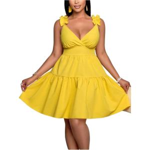 image:imageFloerns Womens Plus Size Ruffle Straps V Neck Smocked Dress Tiered A Line DressesYellow