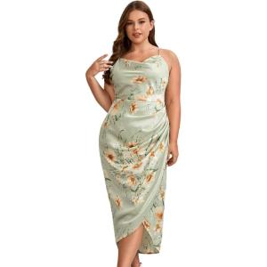 image:imageFloerns Womens Plus Size Satin Spaghetti Strap Cowl Neck Wrap Party Cami DressFloral Green