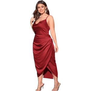 image:imageFloerns Womens Plus Size Satin Spaghetti Strap Cowl Neck Wrap Party Cami DressRed