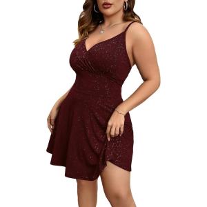 image:imageFloerns Womens Plus Size Sleeveless Glitter Dress Wrap V Neck Flared Short DressBurgundy