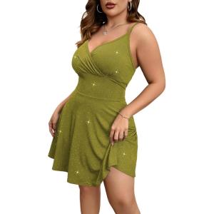 image:imageFloerns Womens Plus Size Sleeveless Glitter Dress Wrap V Neck Flared Short DressLight Green