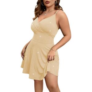 image:imageFloerns Womens Plus Size Sleeveless Glitter Dress Wrap V Neck Flared Short DressYellow