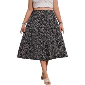 image:imageFloerns Womens Plus Size Spring Break Summer Vacation Travel Ditsy Floral Split Thigh Button Front Flowy Midi SkirtsBlack Floarl