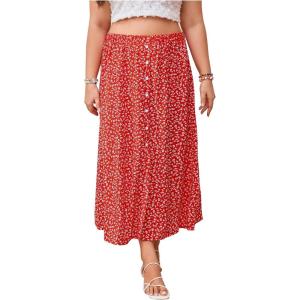 image:imageFloerns Womens Plus Size Spring Break Summer Vacation Travel Ditsy Floral Split Thigh Button Front Flowy Midi SkirtsRed