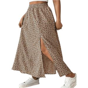 image:imageFloerns Womens Plus Size Spring Break Summer Vacation Travel Ditsy Floral Split Thigh Button Front Flowy Midi SkirtsYellow