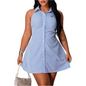 image:imageFloerns Womens Plus Size Striped Shirt Dress Button Down Sleeveless Going Out Mini DressesBlue