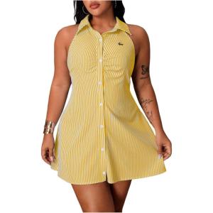 image:imageFloerns Womens Plus Size Striped Shirt Dress Button Down Sleeveless Going Out Mini DressesYellow