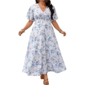 image:imageFloerns Womens Plus Size Summer Floral A Line Dress Short Sleeve V Neck Beach Vacation Long DressesBlue