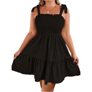 image:imageFloerns Womens Plus Size Summer Knot Tie Shoulder Ruffle Straps Flounce Flowy Smocked Sundress Shorts DressBlack