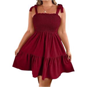image:imageFloerns Womens Plus Size Summer Knot Tie Shoulder Ruffle Straps Flounce Flowy Smocked Sundress Shorts DressBurgundy