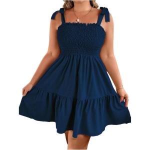 image:imageFloerns Womens Plus Size Summer Knot Tie Shoulder Ruffle Straps Flounce Flowy Smocked Sundress Shorts DressDark Blue