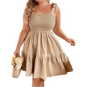 image:imageFloerns Womens Plus Size Summer Knot Tie Shoulder Ruffle Straps Flounce Flowy Smocked Sundress Shorts DressKhaki
