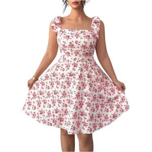 image:imageFloerns Womens Plus Size Summer Knot Tie Shoulder Ruffle Straps Flounce Flowy Smocked Sundress Shorts DressRed Floral