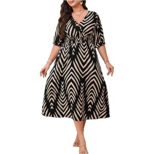 image:imageFloerns Womens Plus Size Summer Midi Dress Chevron V Neck Half Sleeve A Line DressesBlack Multi