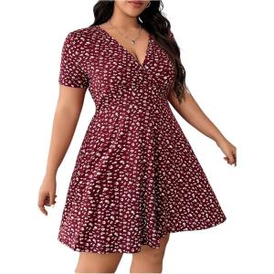 image:imageFloerns Womens Plus Size Summer Short Sleeve A Line Floral Dress Warp V Neck Ruffle Boho Sundress Short DressesBurgundy
