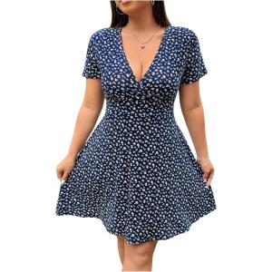 image:imageFloerns Womens Plus Size Summer Short Sleeve A Line Floral Dress Warp V Neck Ruffle Boho Sundress Short DressesDark Blue
