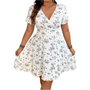image:imageFloerns Womens Plus Size Summer Short Sleeve A Line Floral Dress Warp V Neck Ruffle Boho Sundress Short DressesWhite