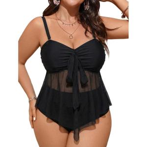 image:imageFloerns Womens Plus Size Tankini Set Floral Ruffle Hem Knot Front High Waisted 2 Piece Bathing SuitBlack