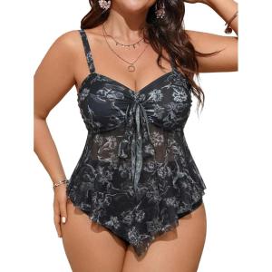 image:imageFloerns Womens Plus Size Tankini Set Floral Ruffle Hem Knot Front High Waisted 2 Piece Bathing SuitBlack and White
