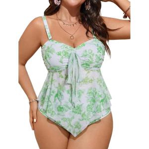 image:imageFloerns Womens Plus Size Tankini Set Floral Ruffle Hem Knot Front High Waisted 2 Piece Bathing SuitGreen