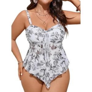 image:imageFloerns Womens Plus Size Tankini Set Floral Ruffle Hem Knot Front High Waisted 2 Piece Bathing SuitWhite
