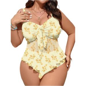 image:imageFloerns Womens Plus Size Tankini Set Floral Ruffle Hem Knot Front High Waisted 2 Piece Bathing SuitYellow