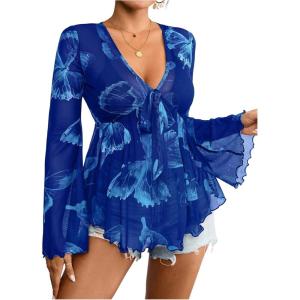 image:imageFloerns Womens Plus Size Tie Front Blouse Top Flare Long Sleeve Mesh Ruffle Peplum TopBlue