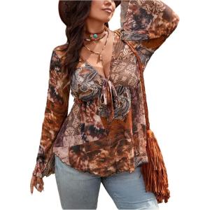 image:imageFloerns Womens Plus Size Tie Front Blouse Top Flare Long Sleeve Mesh Ruffle Peplum TopBrown