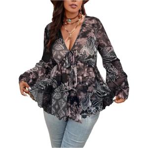 image:imageFloerns Womens Plus Size Tie Front Blouse Top Flare Long Sleeve Mesh Ruffle Peplum TopGrey