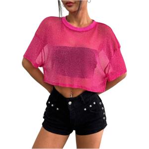 image:imageFloerns Womens Plus Size Y2k Sheer Mesh Dolman Sleeve Crop Tops Going Out Tee ShirtsHot Pink