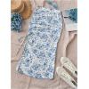 image:imageFloerns Womens Floral Split Drawstring Pencil Skirt Ruched Vacation Bodycon Midi SkirtsBlue and White