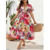 image:imageFloerns Womens Plus Size Boho Hawaiian Tropical Dresses V Neck Short Sleeve Floral A Line Long Dress Vacation Beach OutfitsWhite Red Multi