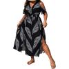 image:imageFloerns Womens Plus Size Cold Shoulder Tropical Print V Neck Flared A Line Long DressBlack and White