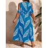 image:imageFloerns Womens Plus Size Cold Shoulder Tropical Print V Neck Flared A Line Long DressDeep Blue