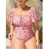 image:imageFloerns Womens Plus Size Floral One Piece Swimsuit Square Neck Ruffle Sleeve Bathing SuitRed Multi