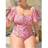 image:imageFloerns Womens Plus Size Floral One Piece Swimsuit Square Neck Ruffle Sleeve Bathing SuitRed Multi