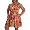 image:imageFloerns Womens Plus Size Floral Print One Shoulder Sleeveless Belted A Line DressOrange Multi